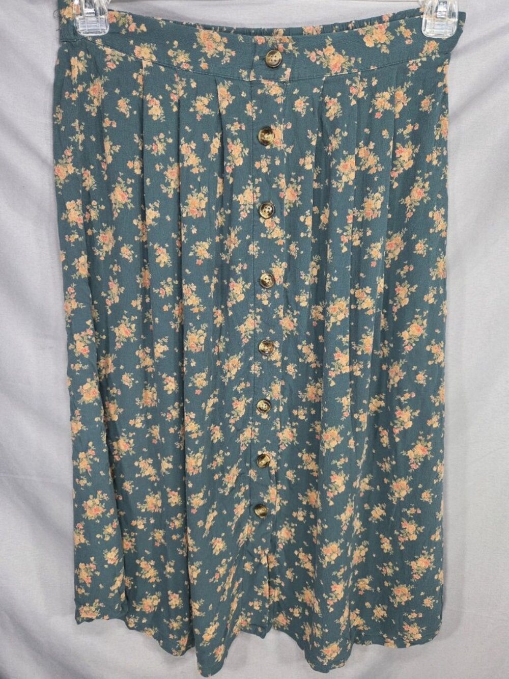 American Eagle Green Floral Print Button Front Elastic Back Skirt Size Medium